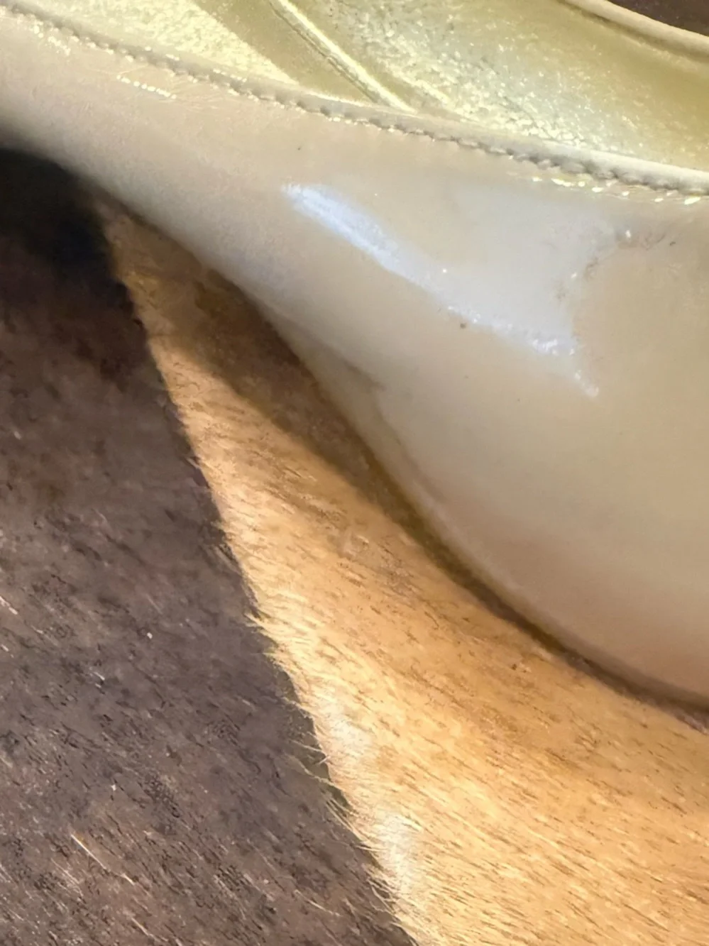 JIMMY CHOO Beige Patent Leather Glitter-Toe Whirl Flats